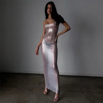 2023 sjajno srebro duge haljine za šik žene, godišnja klupska odjeća za noćne zabave, seksualno maksi haljina na trake s otvorenim leđima