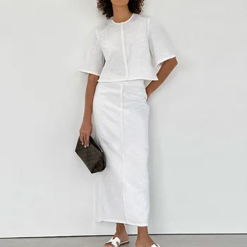 Bijeli dizajn od pamuka i lana, komplet s izravnom suknje-трубочкой s kratkim rukavima i кисточками, godišnja ženska odjeća